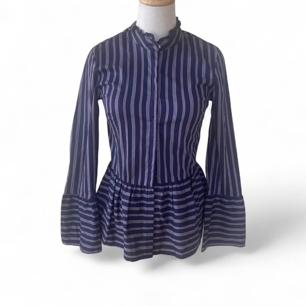 Belle Vere Navy Striped Peplum Blouse Pearl Button Bell Sleeve XS